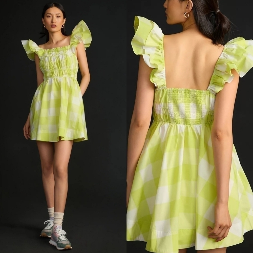 Maeve Square Neck Flutter Sleeve Mini Dress in Chartreuse Check Sz Lg Petite NWT